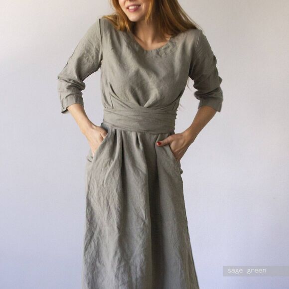 Len OK Green Linen 3/4 Sleeve Long Shift Dress W/wrap Around Belt Pockets XL - Picture 2 of 10
